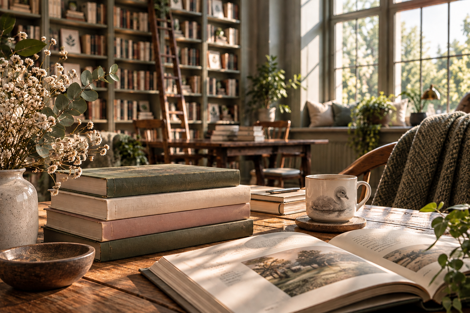 A sunlit reading nook with bookshelves, stacked books and a cygnet mug beside an open book